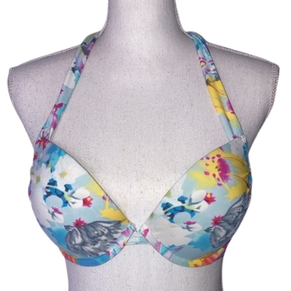 ELLOS 34B Bikini Swim Top Blue Yellow Pink Halter - Picture 1 of 10